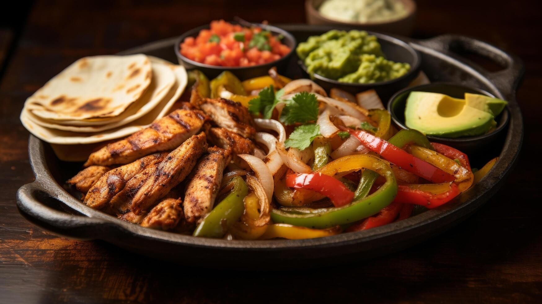 Detailed shot of steaming fajita platter photo
