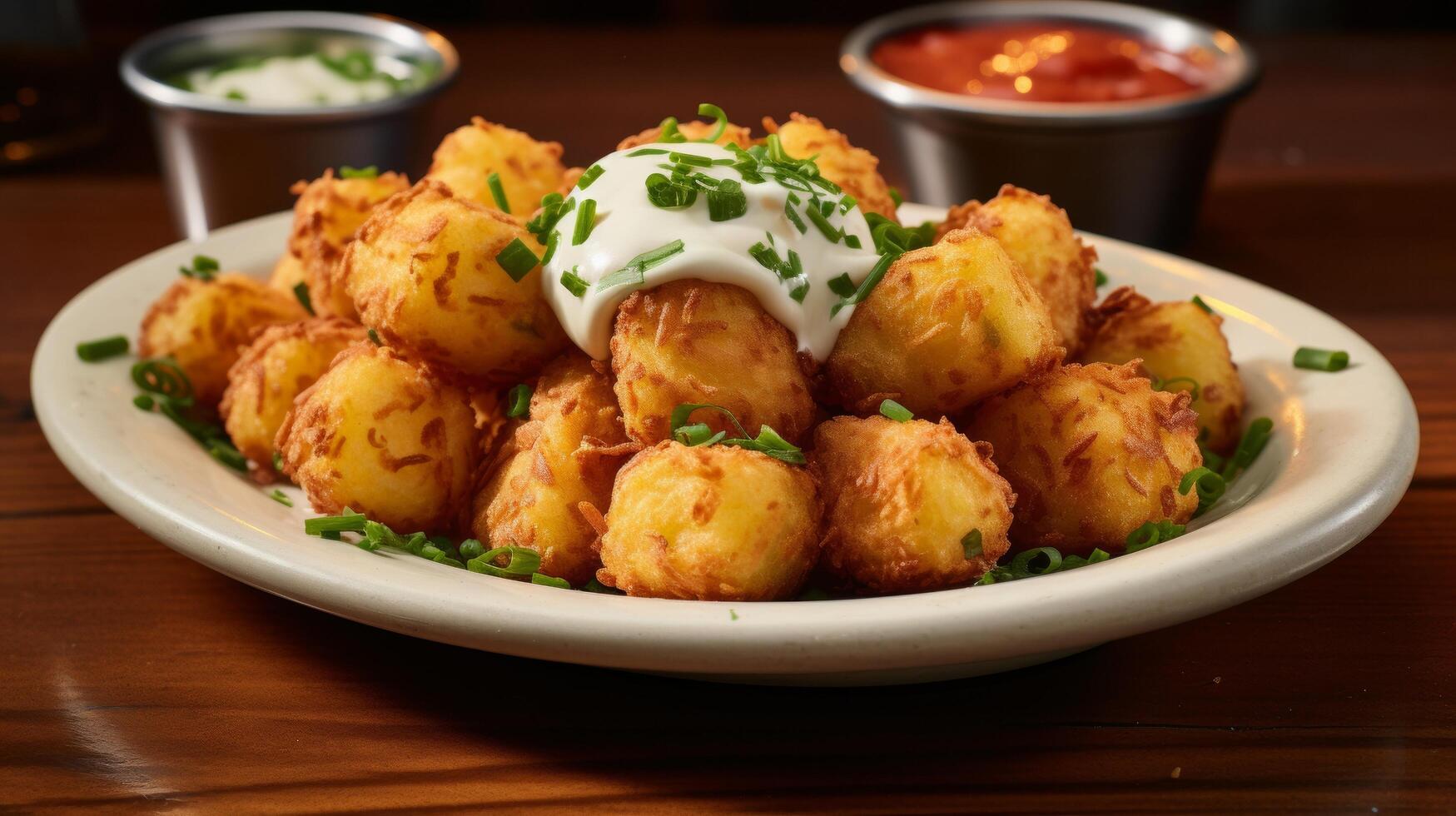 Plate piled with cheesy tater tots photo