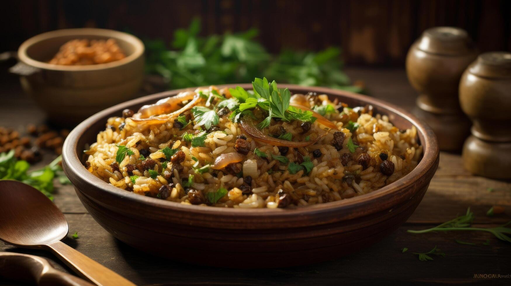 Bowl of aromatic Lebanese mujadara photo