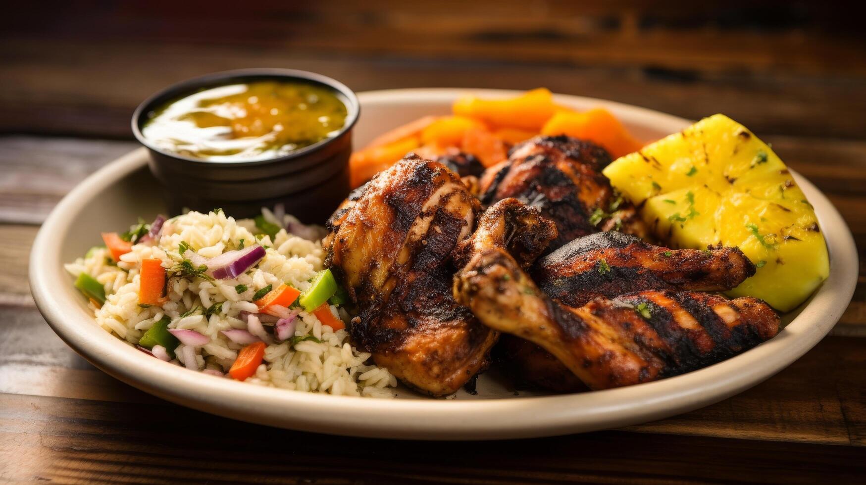 Delicious Jamaican jerk chicken served on a plate photo
