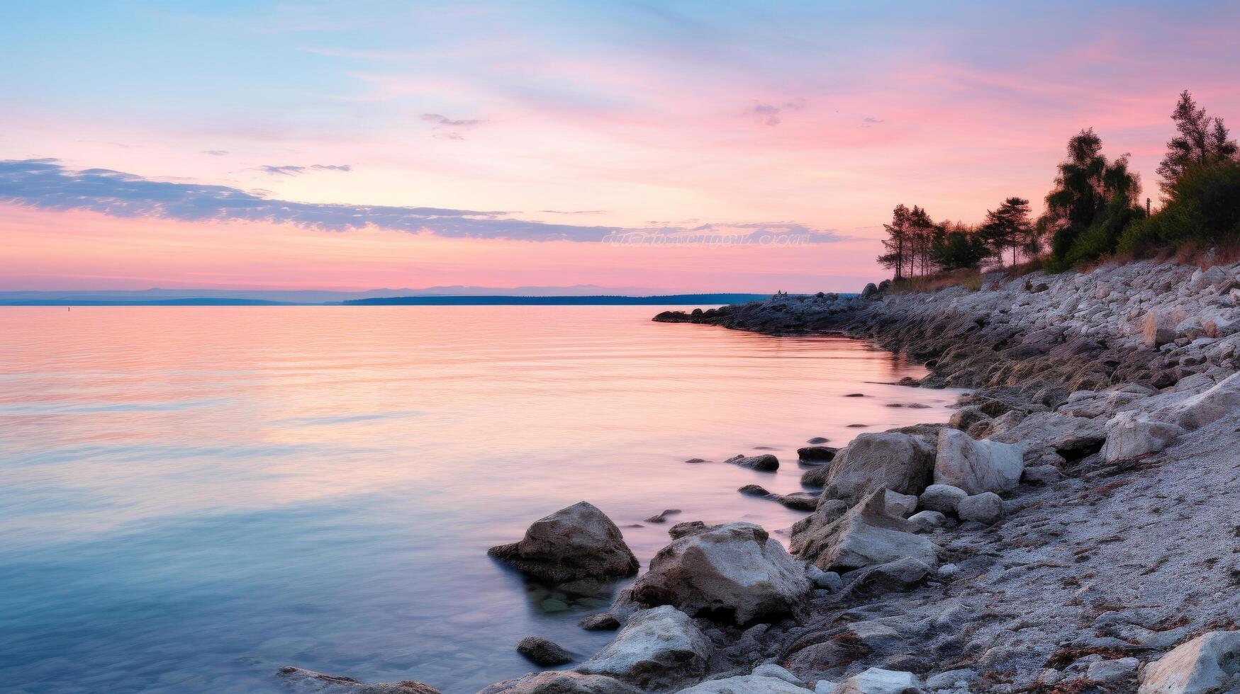 Serene coastal sunrise over tranquil bay. photo