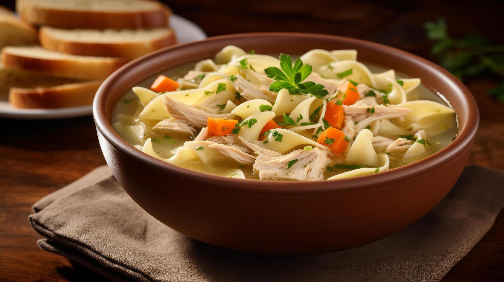 Homemade chicken noodle soup served in a bowl photo