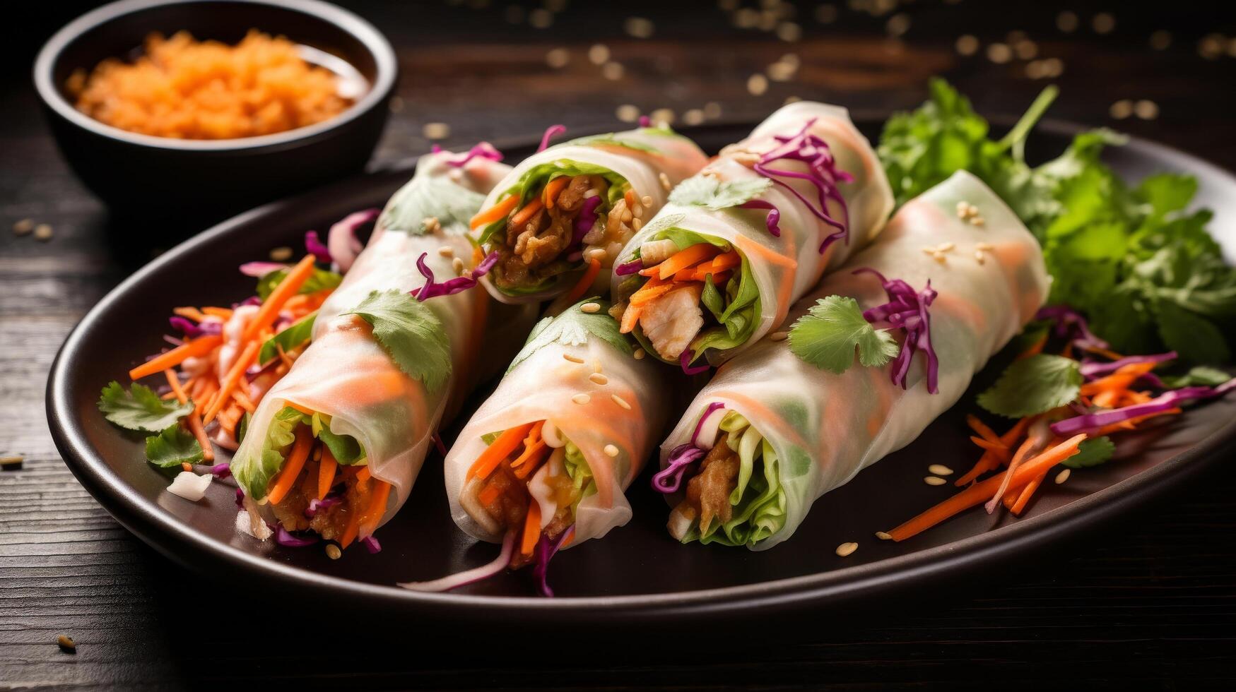Plate filled with colorful veggie spring rolls photo