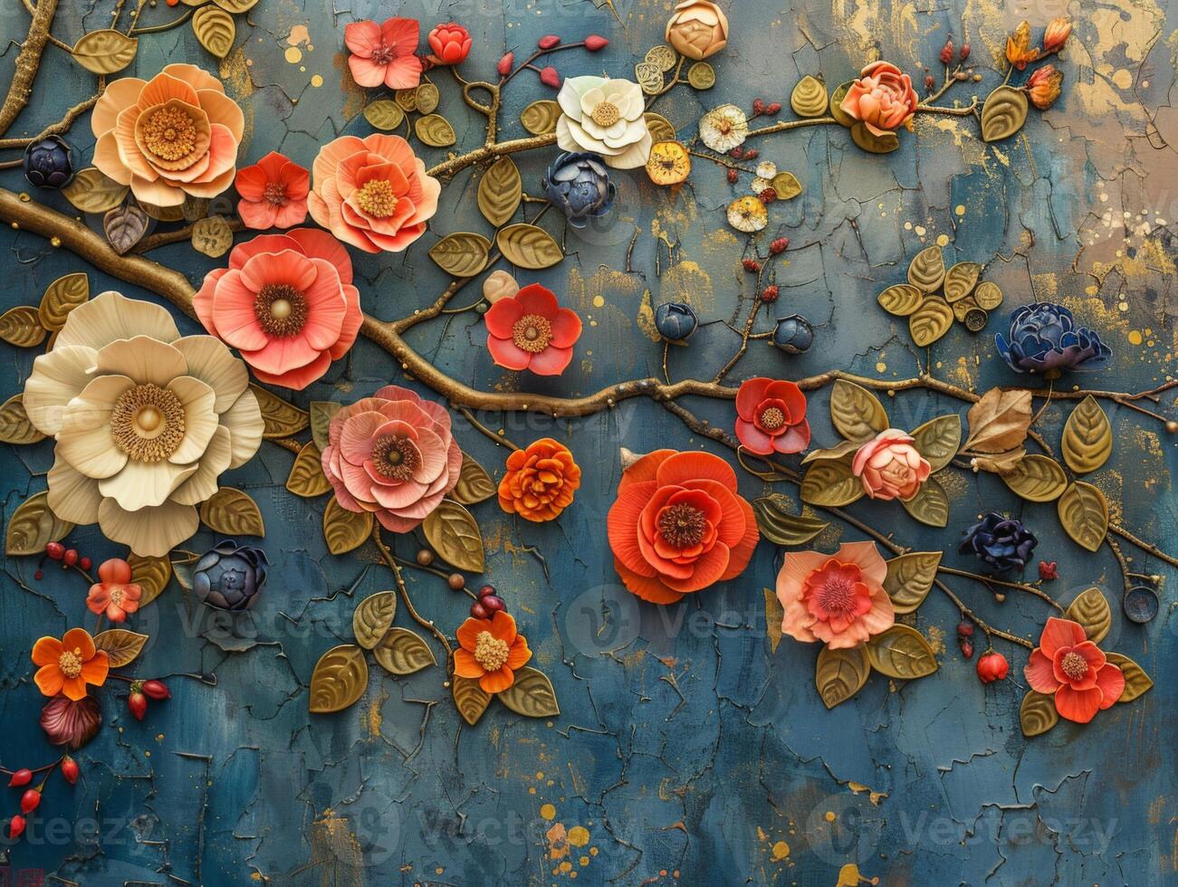 This image showcases a vibrant and textured artwork of a tree.The image is notable for its three-dimensional quality and the use of mixed media, which create a rich tapestry of colors and textures. photo