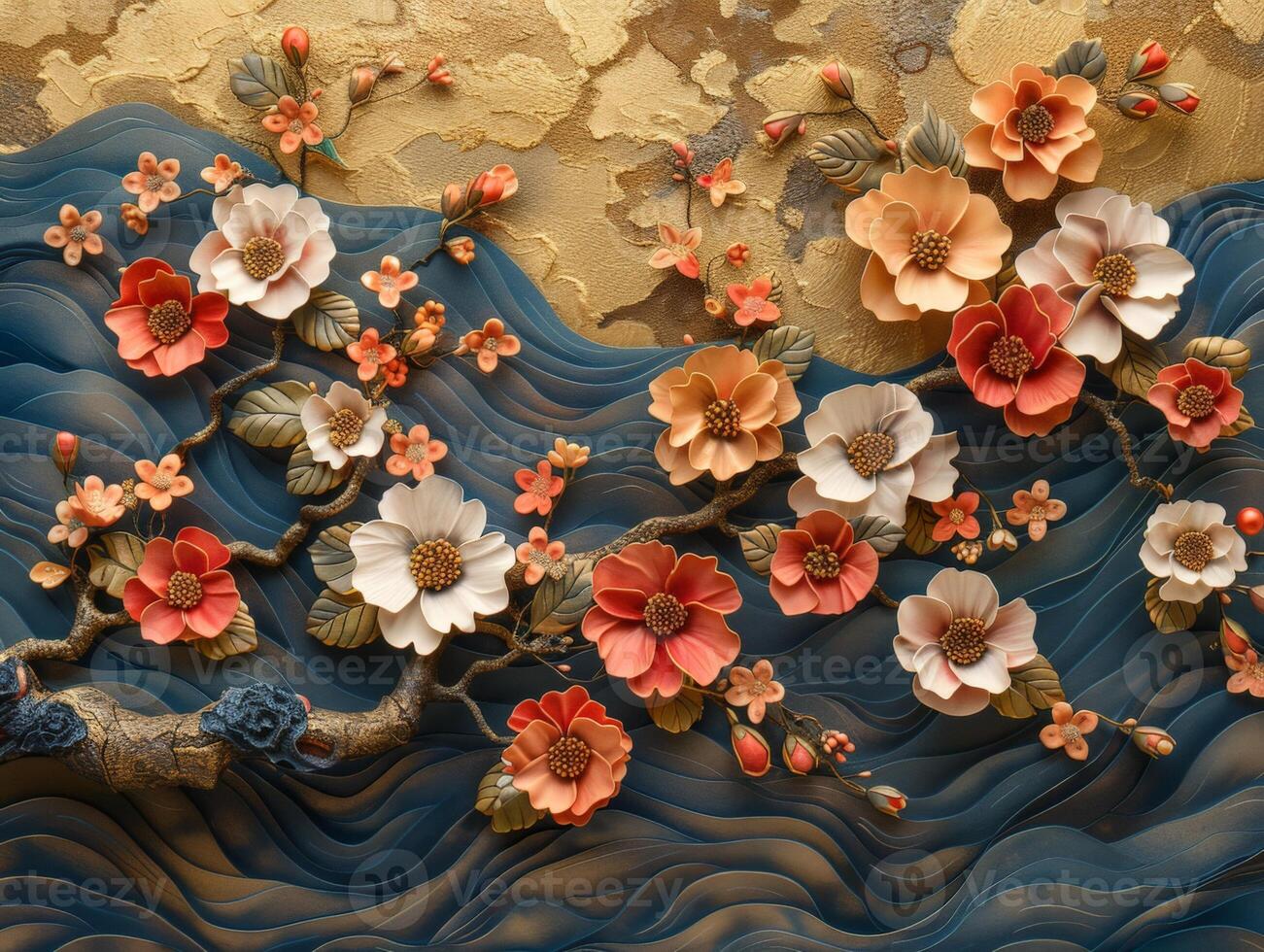 This image showcases a vibrant and textured artwork of a tree.The image is notable for its three-dimensional quality and the use of mixed media, which create a rich tapestry of colors and textures. photo