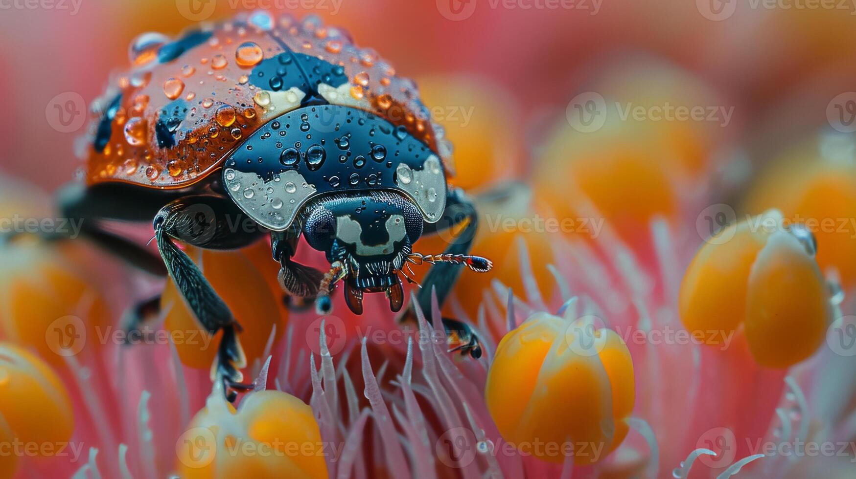Ladybug Covered in Dew Drops on a Flower photo
