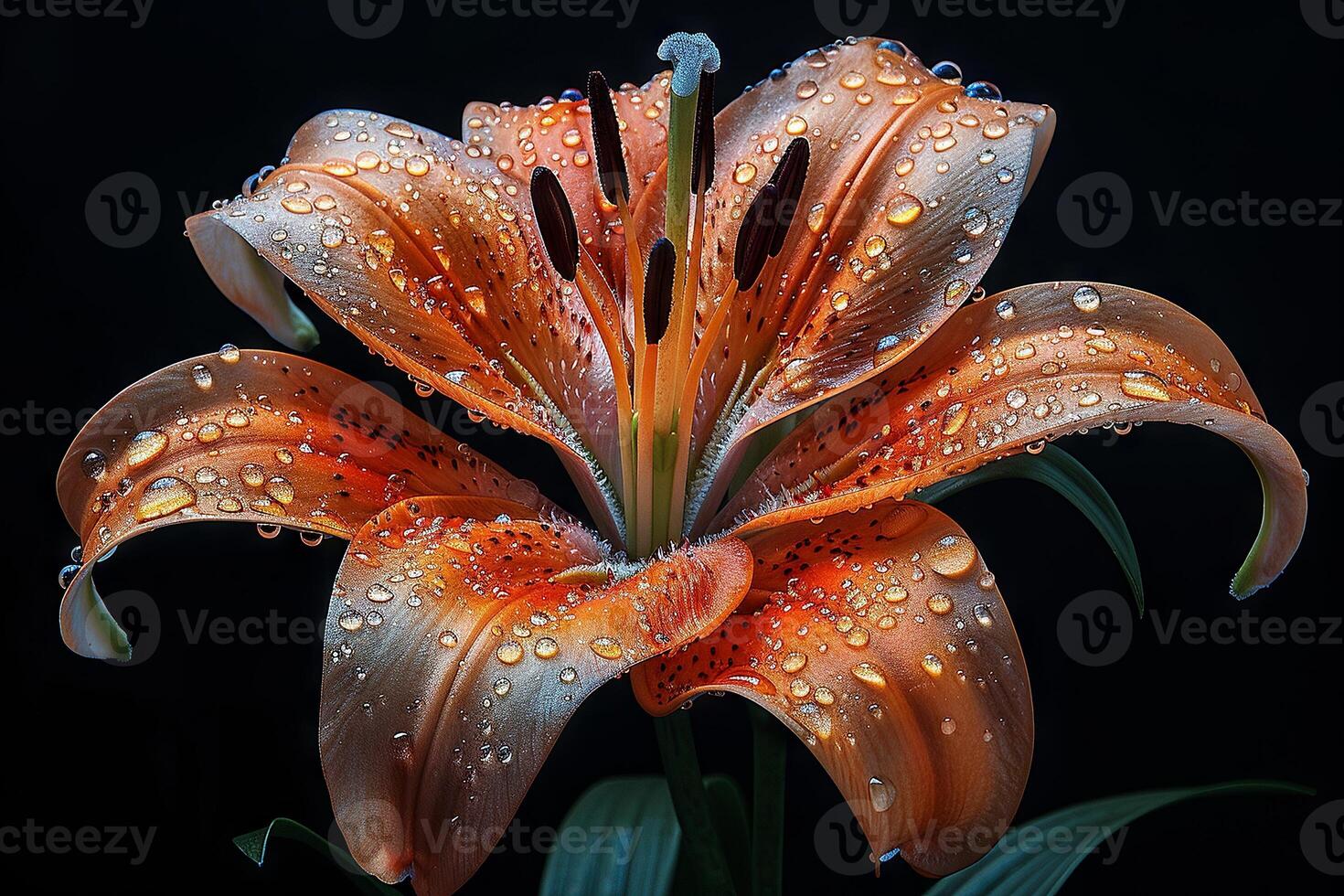 Orange Lily with Dew Drops on Black Background photo