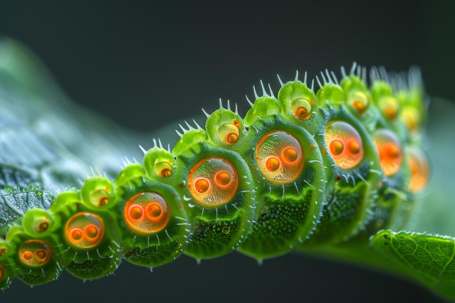 Close-Up of a Green Caterpillar with Orange Eyes photo