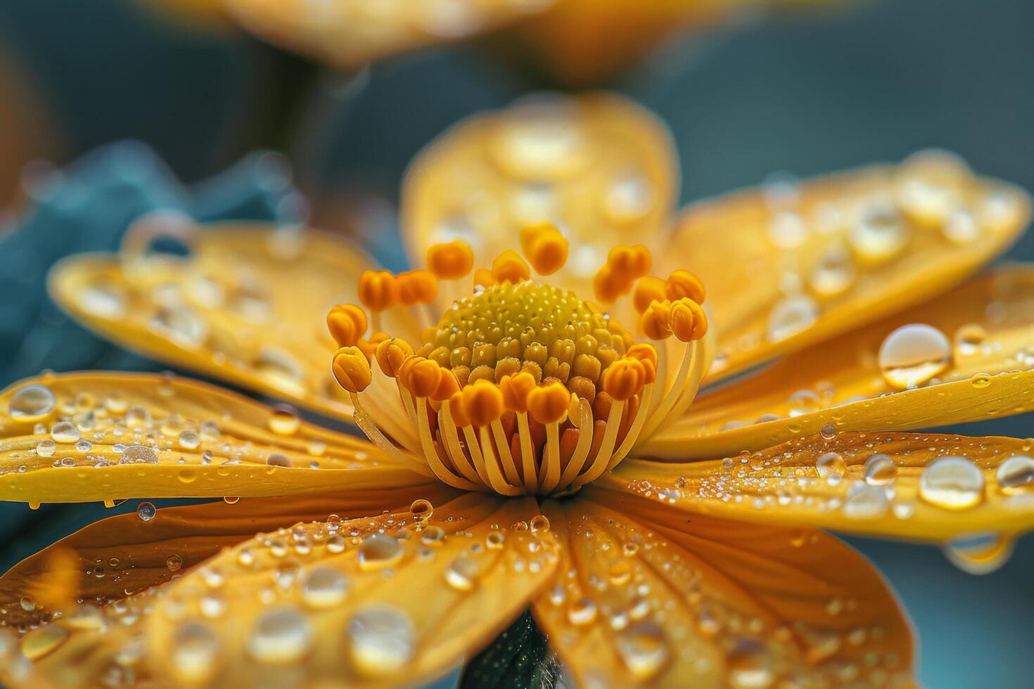 Close-up of a Yellow Flower with Dew Drops photo