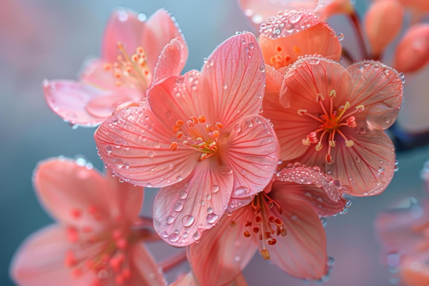 Delicate Pink Blossoms with Dew Drops photo