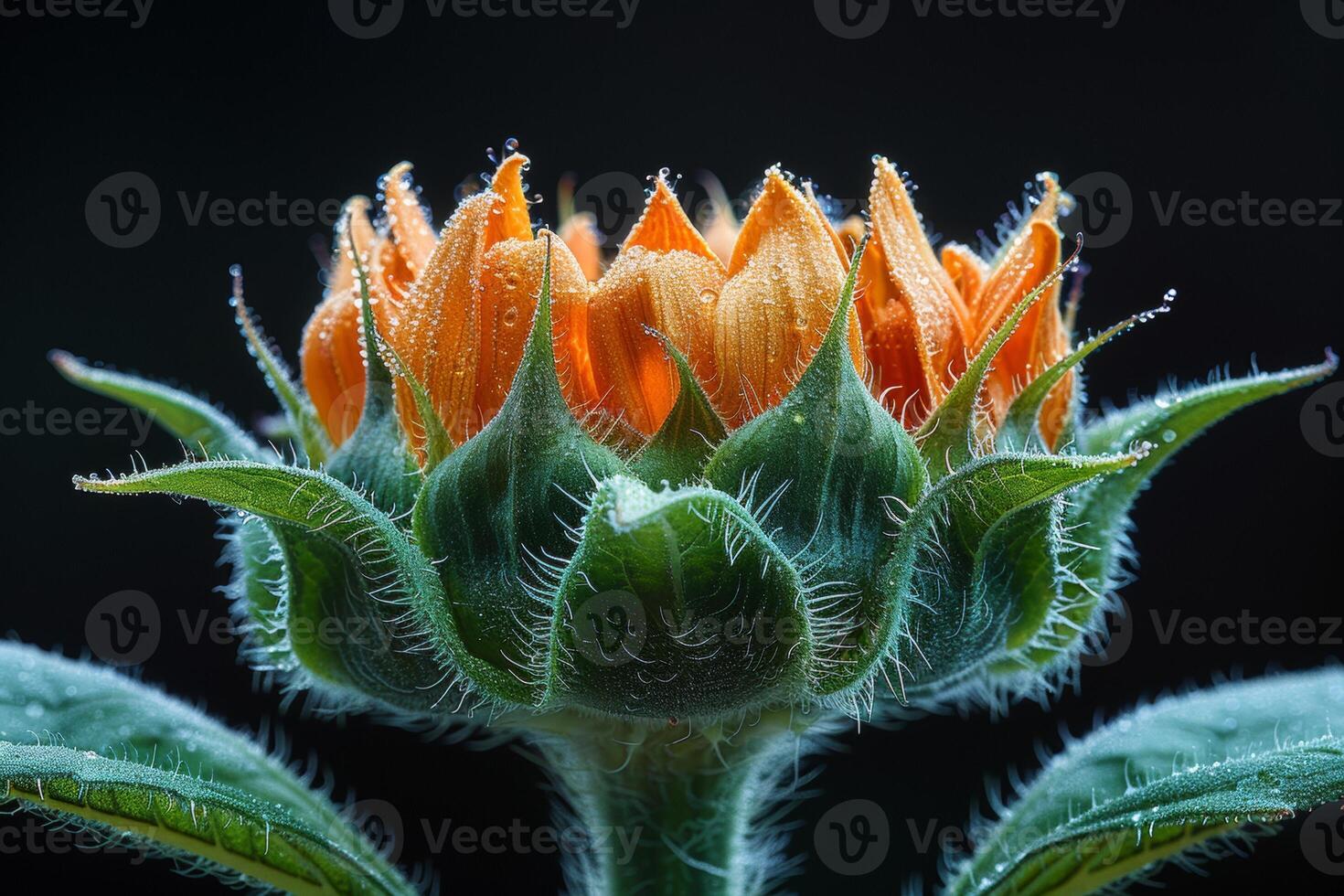 Close Up of a Dew-Covered Sunflower Bud photo