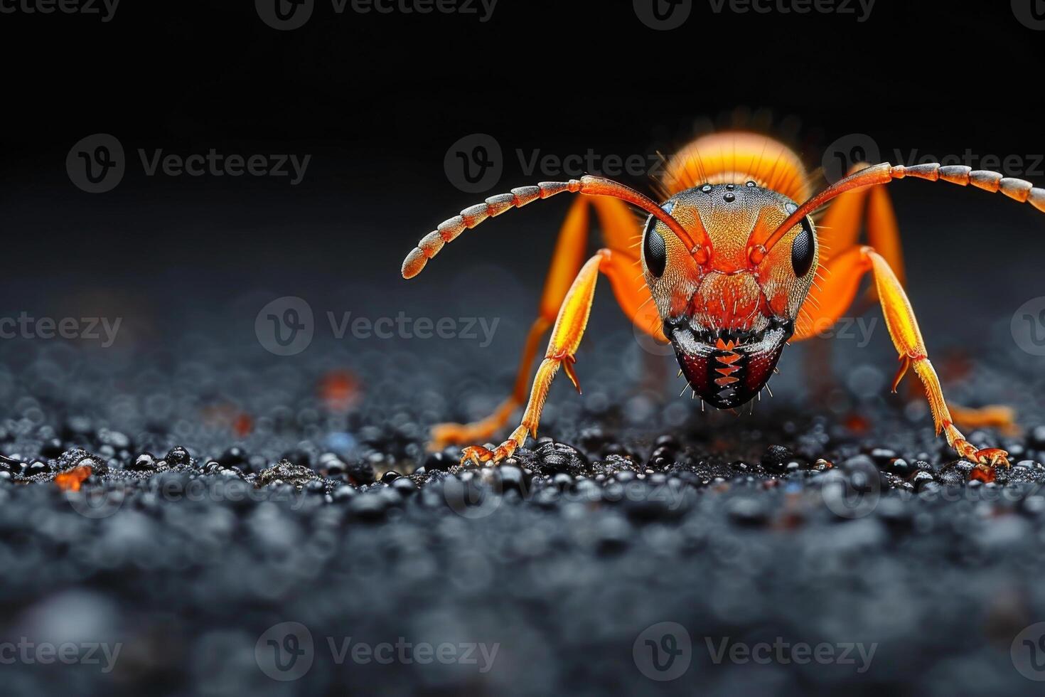 Close-up of a Red Ant on a Black Surface photo
