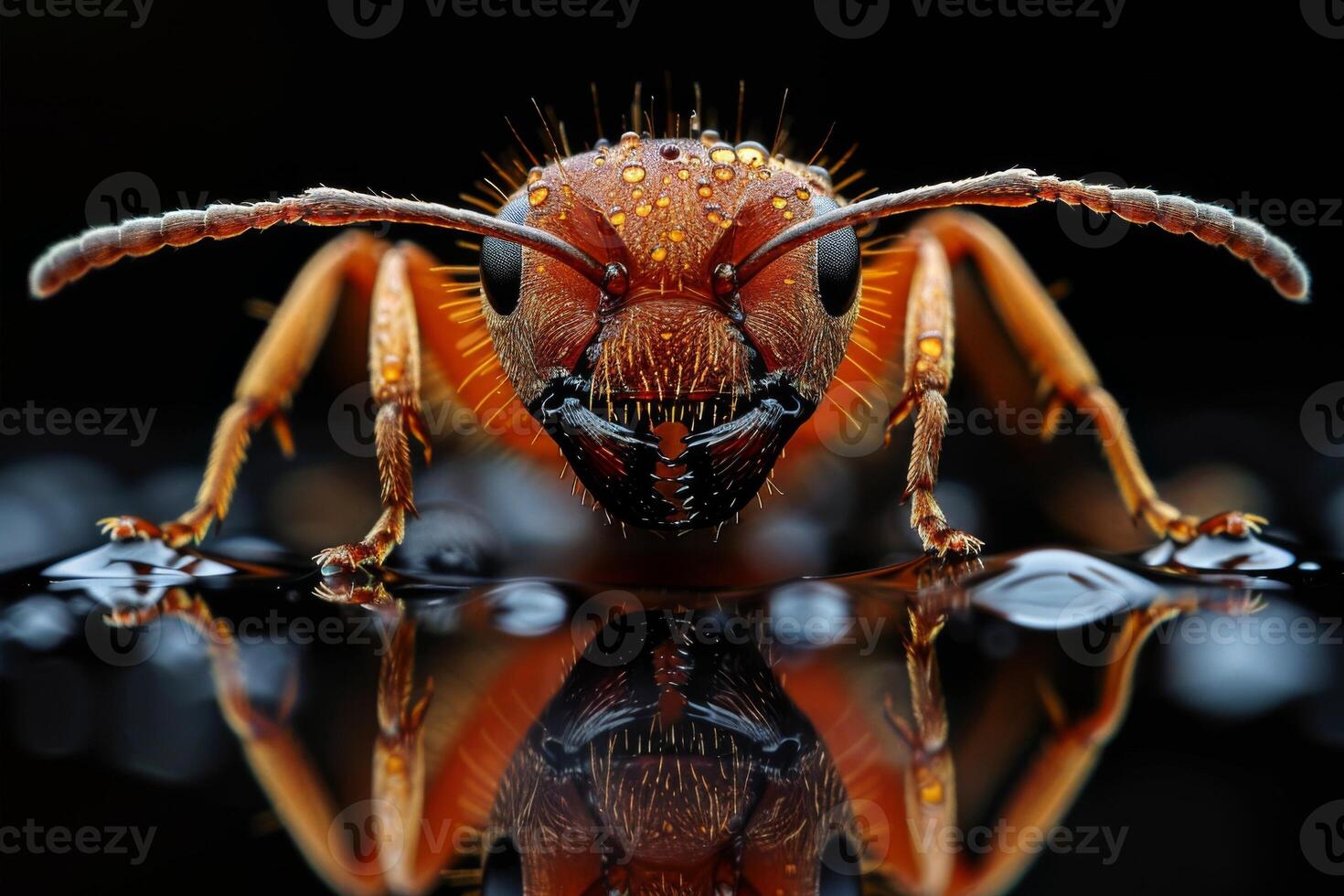 A Close-Up View of a Red Ant with Water Droplets on its Body photo
