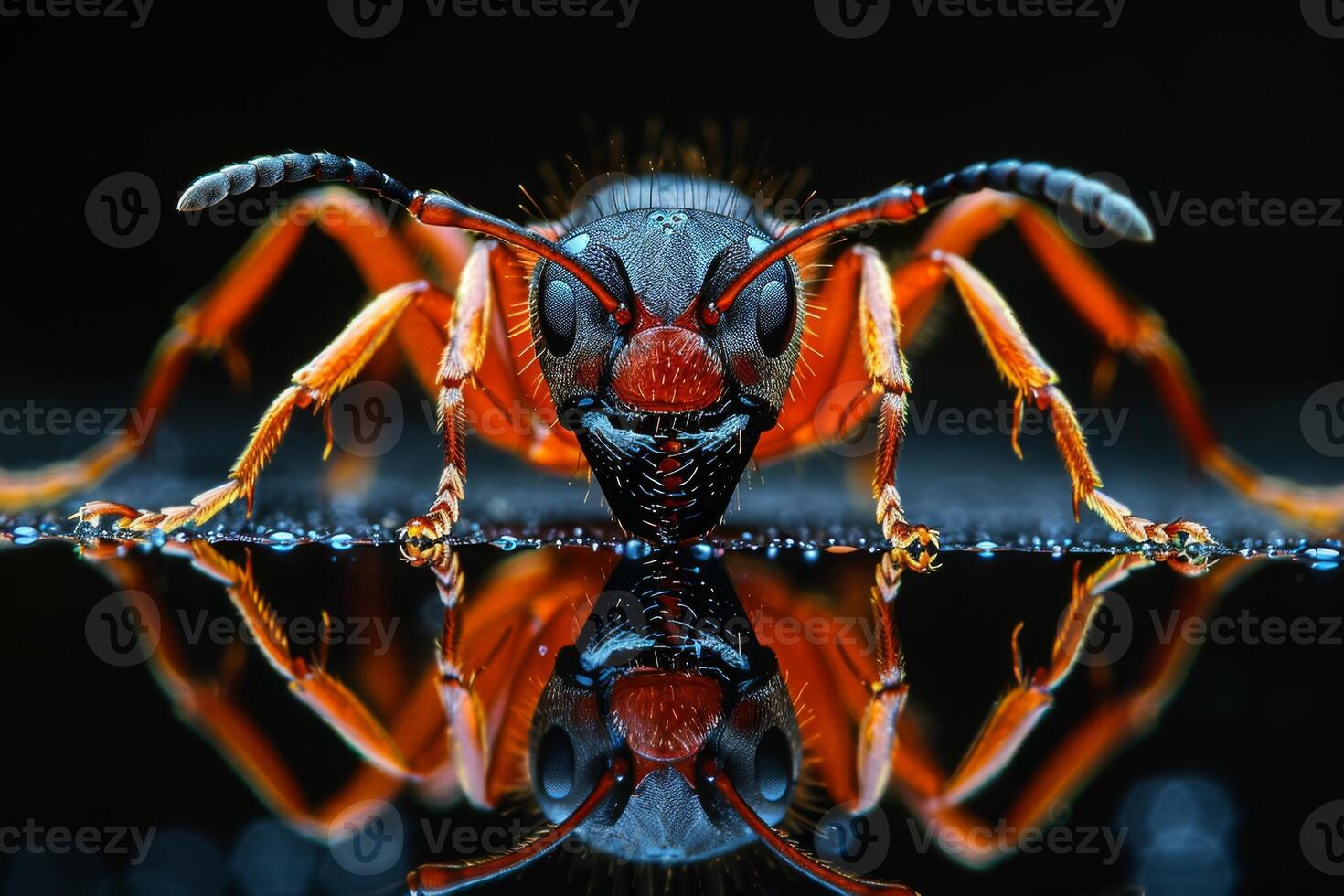 Close-Up Portrait of an Ant with a Reflection on Water photo
