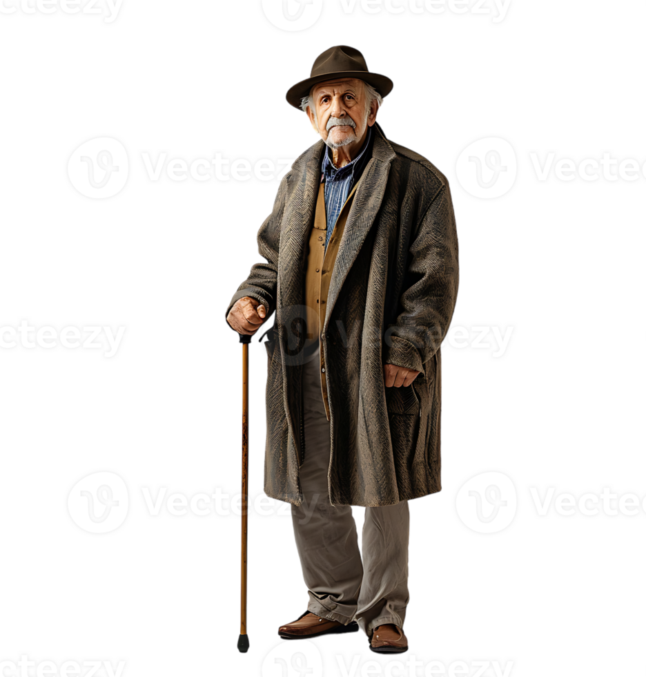 An old man with a cane and a hat on it on isolated transparent background png