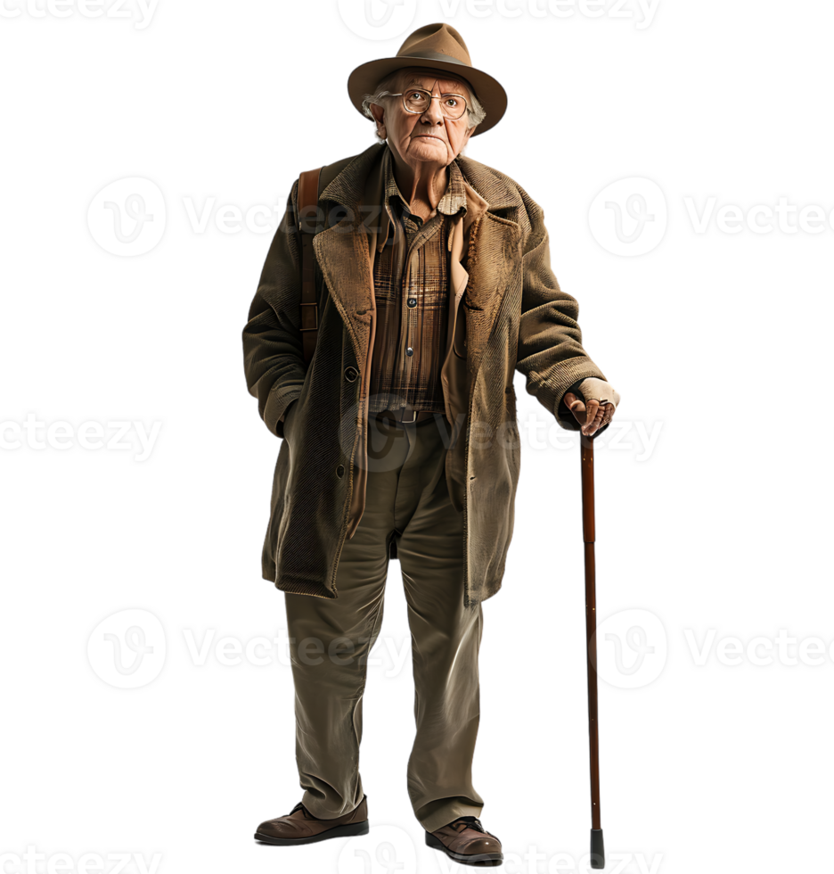 An old man with a cane and a hat on it on isolated transparent background png