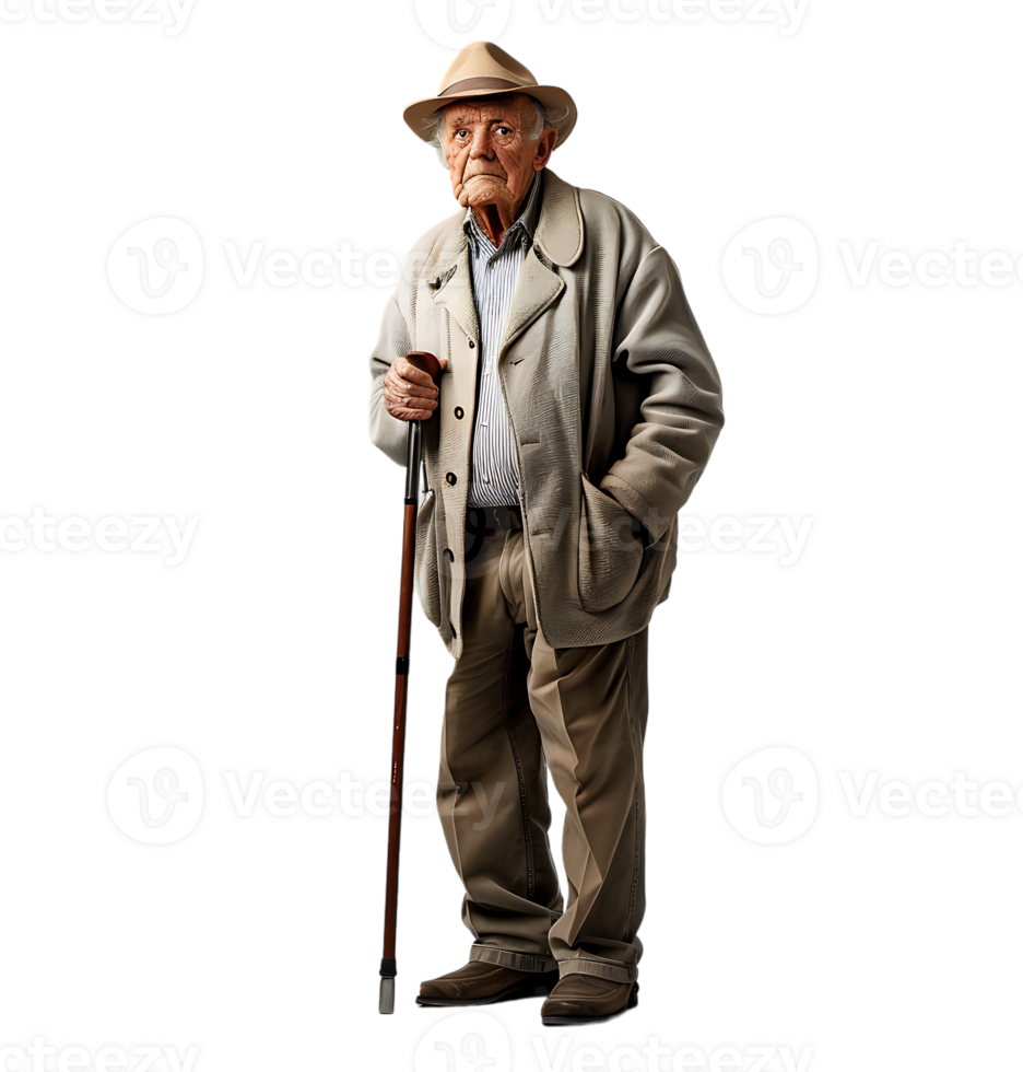 An old man with a cane and a hat on it on isolated transparent background png