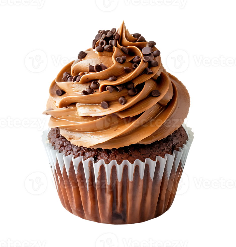 A cupcake with chocolate frosting and a picture of a cupcake. on isolated background png