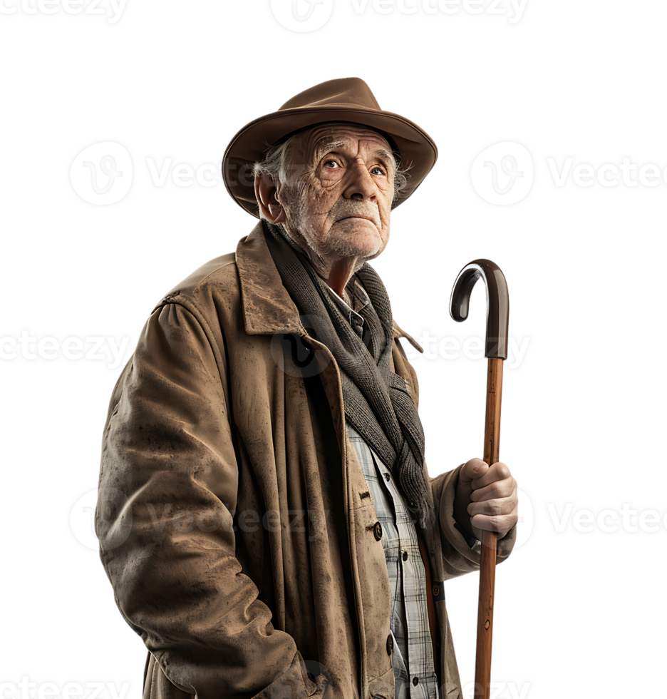 An old man with a cane and a hat on it on isolated transparent background png