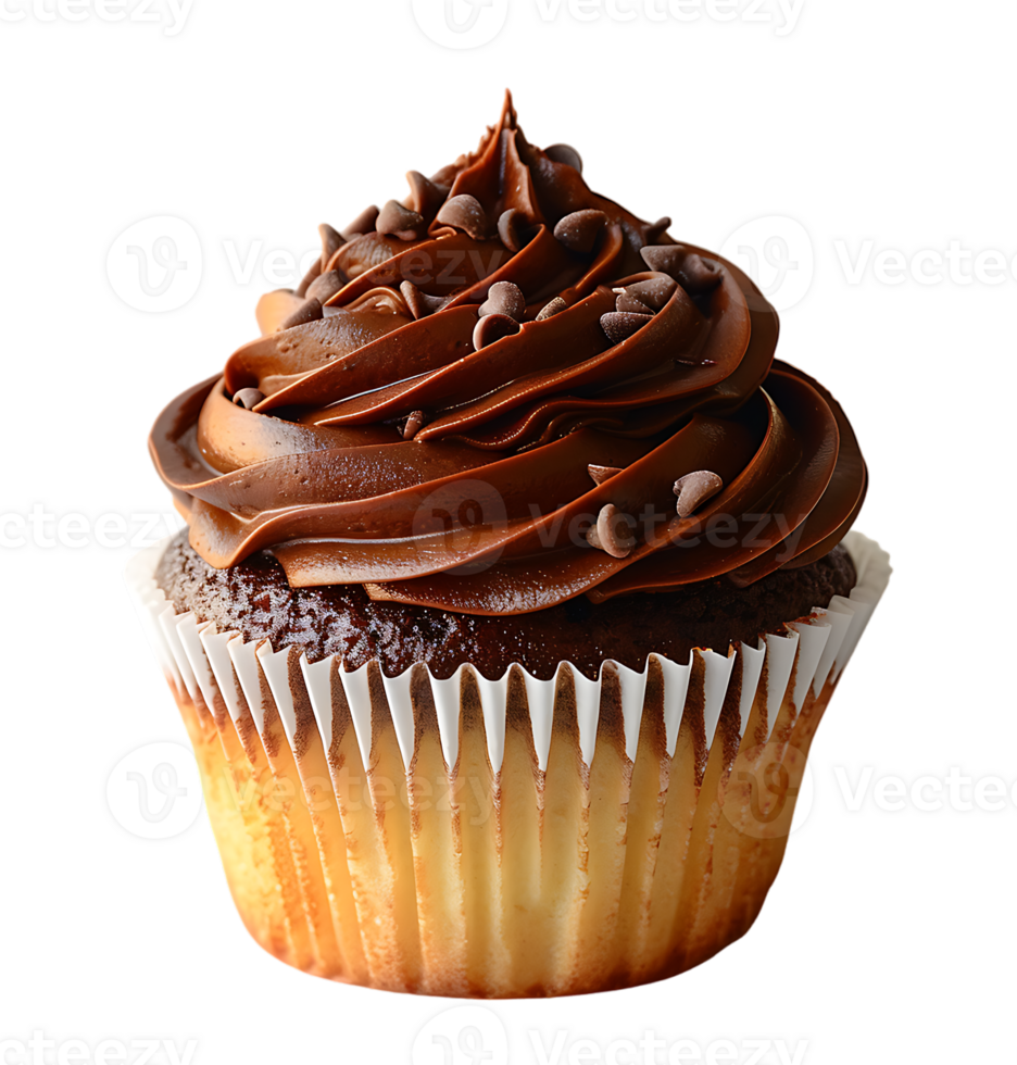 A cupcake with chocolate frosting and a picture of a cupcake. on isolated background png