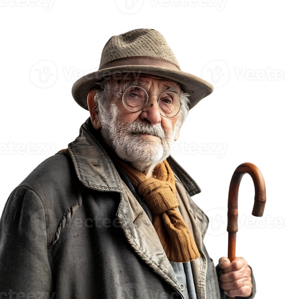 An old man with a cane and a hat on it on isolated transparent background png