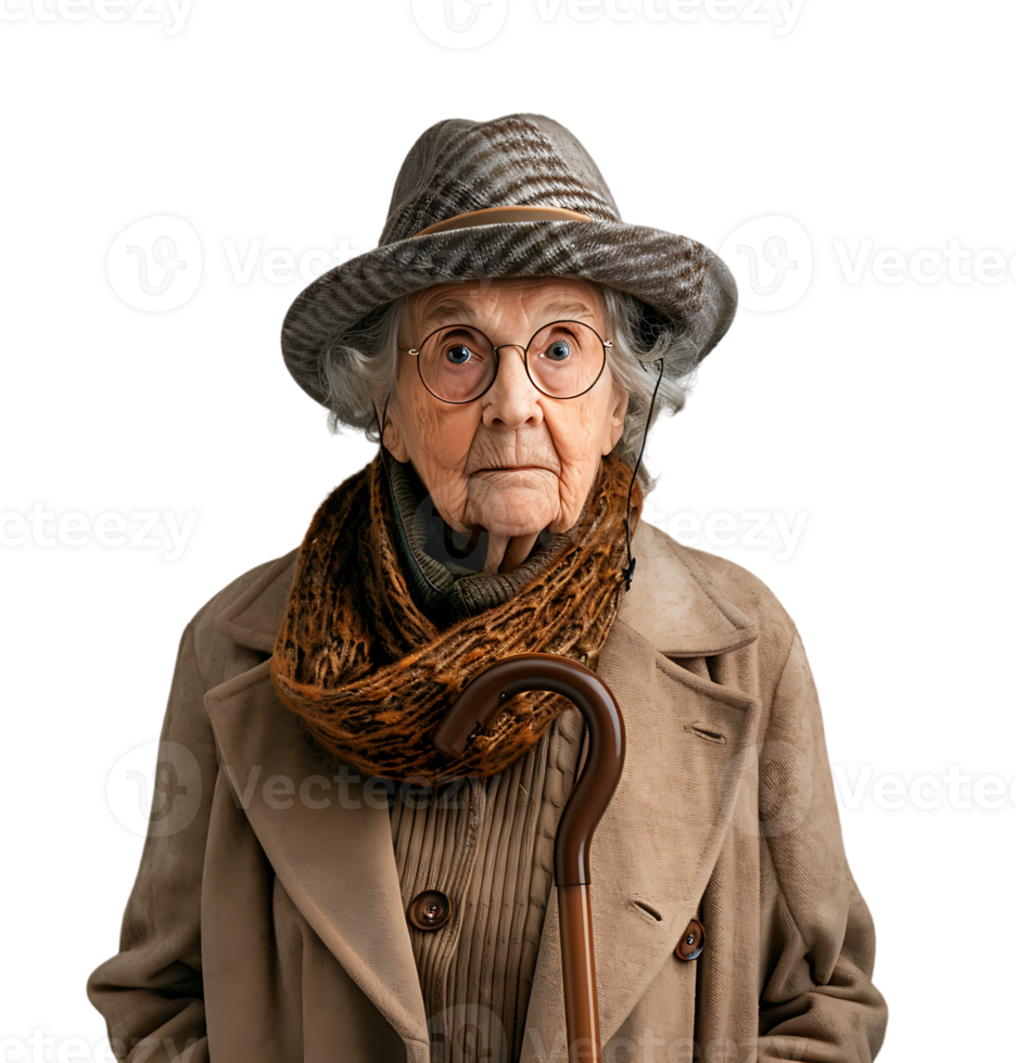 An old woman with a cane and a hat on it on isolated transparent background png