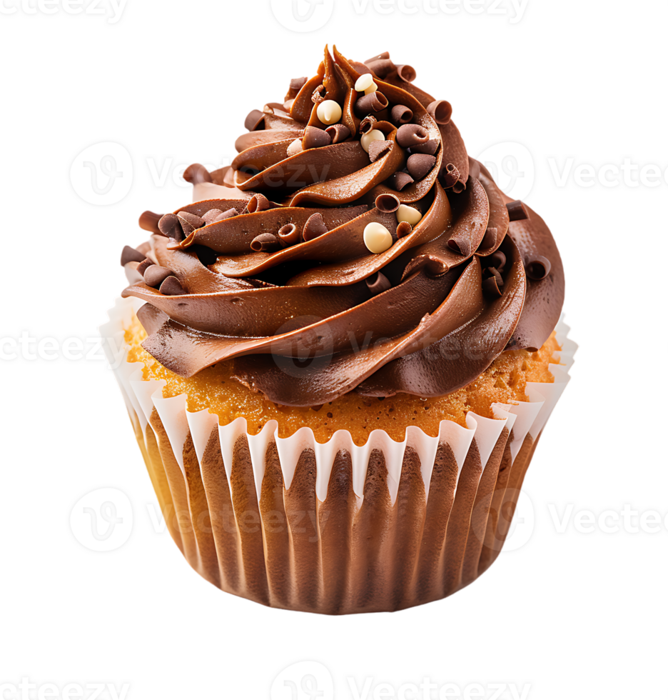A cupcake with chocolate frosting and a picture of a cupcake. on isolated background png