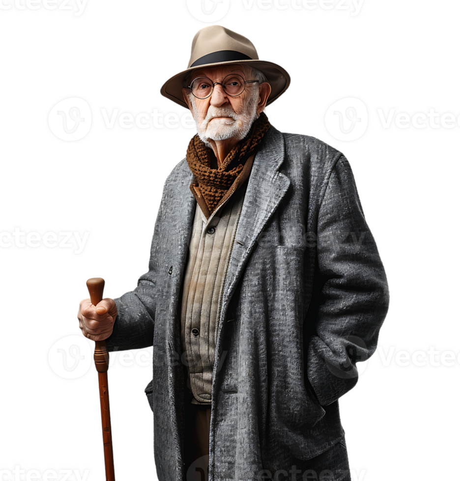 An old man with a cane and a hat on it on isolated transparent background png