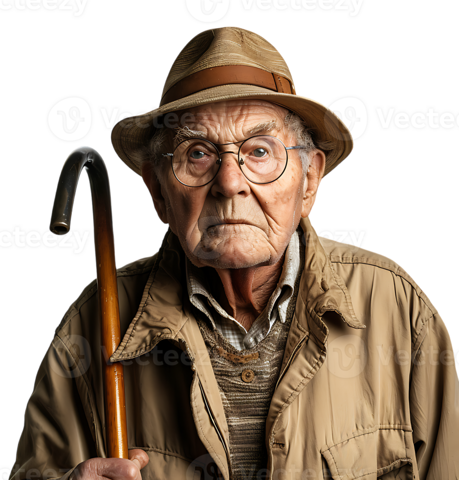 An old man with a cane and a hat on it on isolated transparent background png