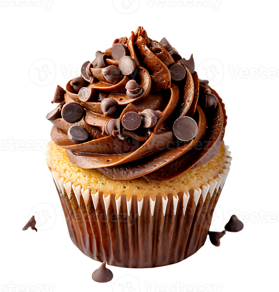 A cupcake with chocolate frosting and a picture of a cupcake. on isolated background png