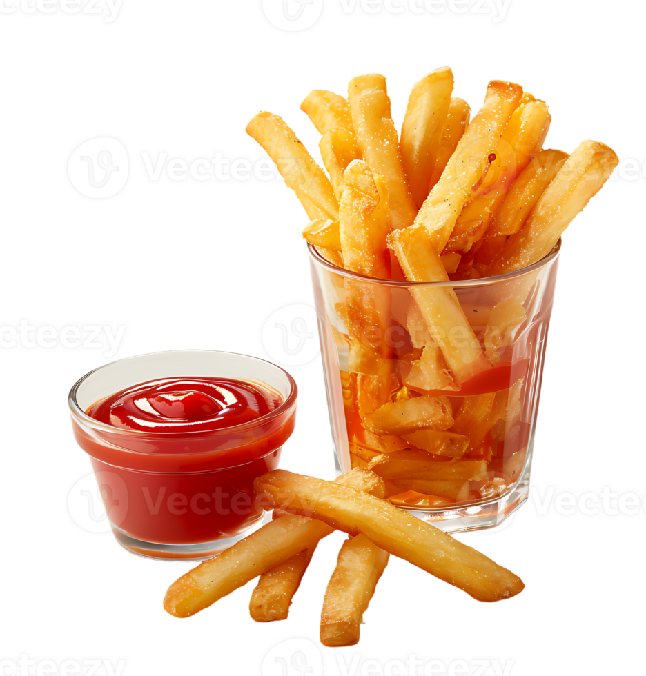 A glass of french fries and ketchup with a cup of ketchup .on isolated transparent background png