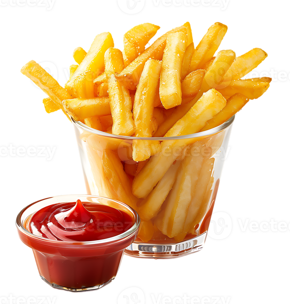 A glass of french fries and ketchup with a cup of ketchup .on isolated transparent background png