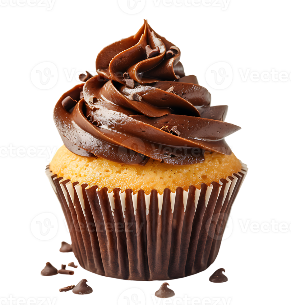 A cupcake with chocolate frosting and a picture of a cupcake. on isolated background png