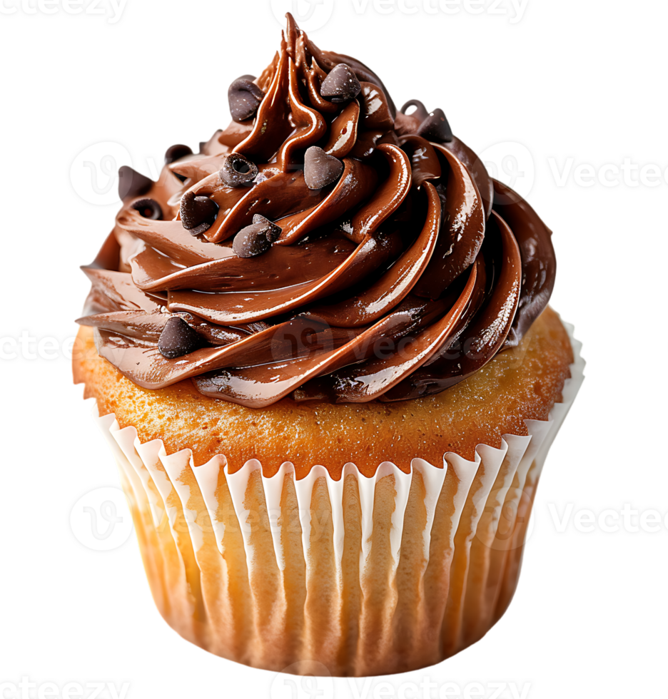 A cupcake with chocolate frosting and a picture of a cupcake. on isolated background png