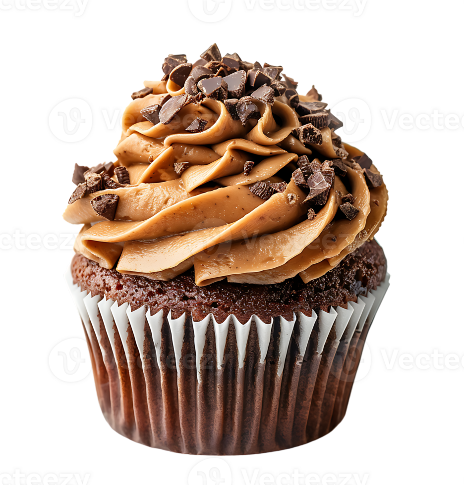 A cupcake with chocolate frosting and a picture of a cupcake. on isolated background png