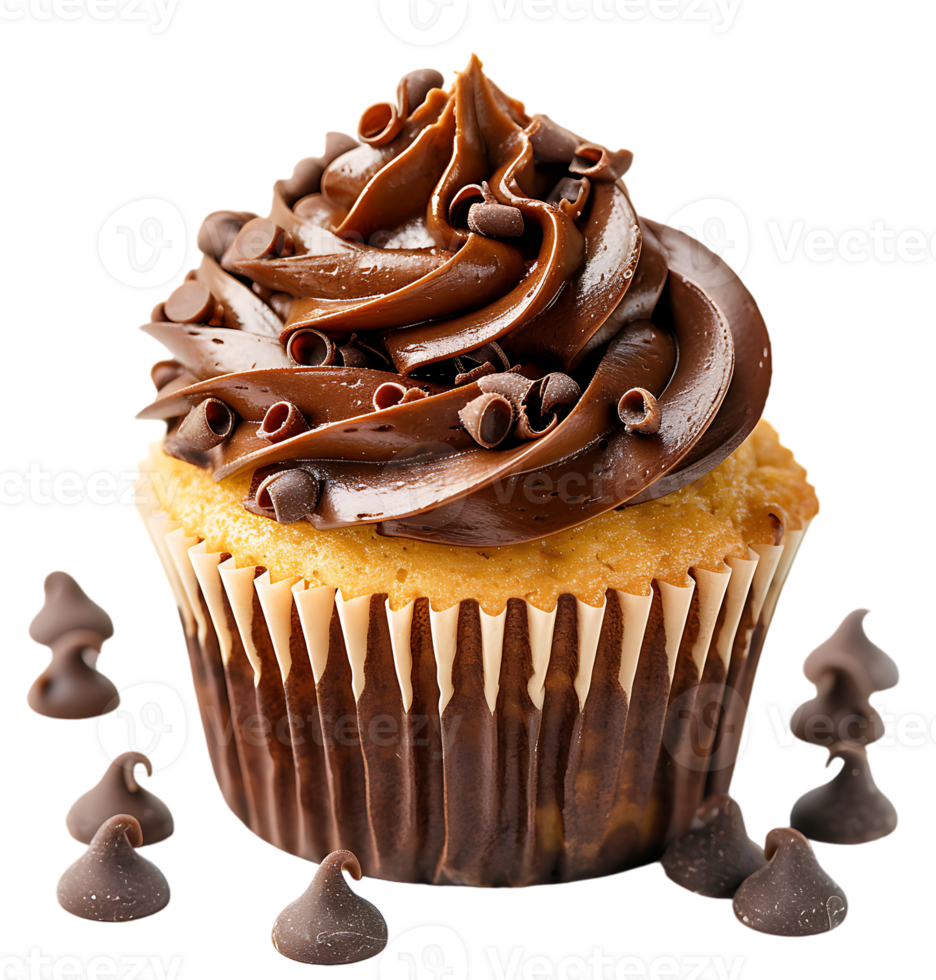 A cupcake with chocolate frosting and a picture of a cupcake. on isolated background png
