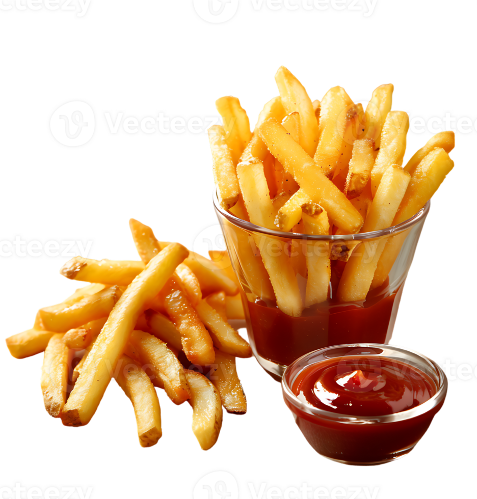 A glass of french fries and ketchup with a cup of ketchup .on isolated transparent background png
