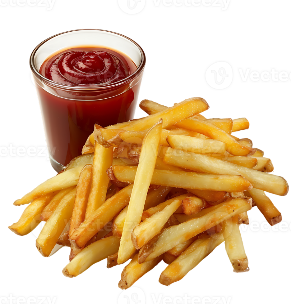 A glass of french fries and ketchup with a cup of ketchup .on isolated transparent background png