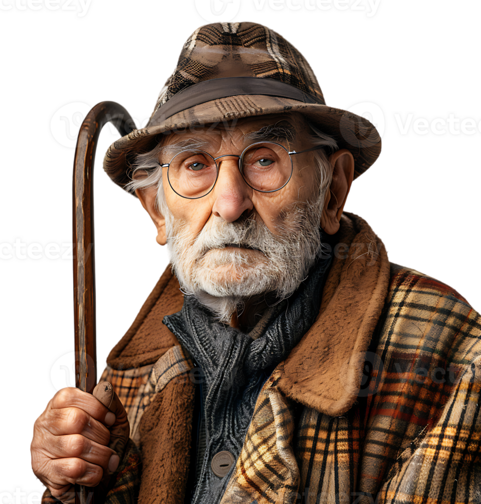 An old man with a cane and a hat on it on isolated transparent background png