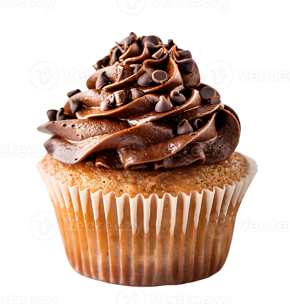 A cupcake with chocolate frosting and a picture of a cupcake. on isolated background png