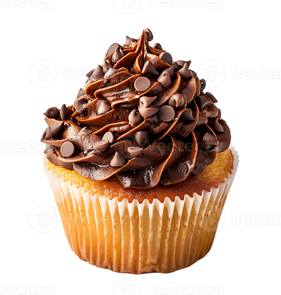 A cupcake with chocolate frosting and a picture of a cupcake. on isolated background png