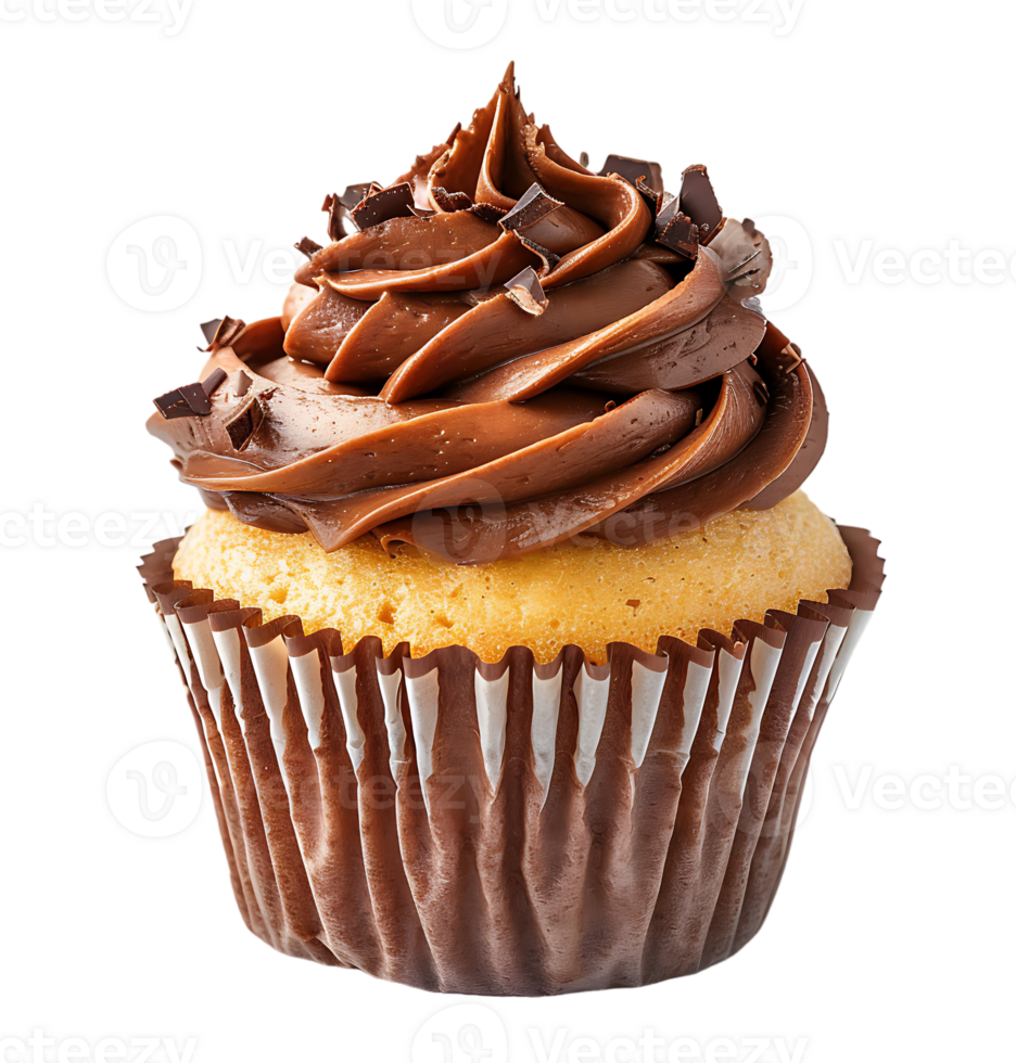 A cupcake with chocolate frosting and a picture of a cupcake. on isolated background png