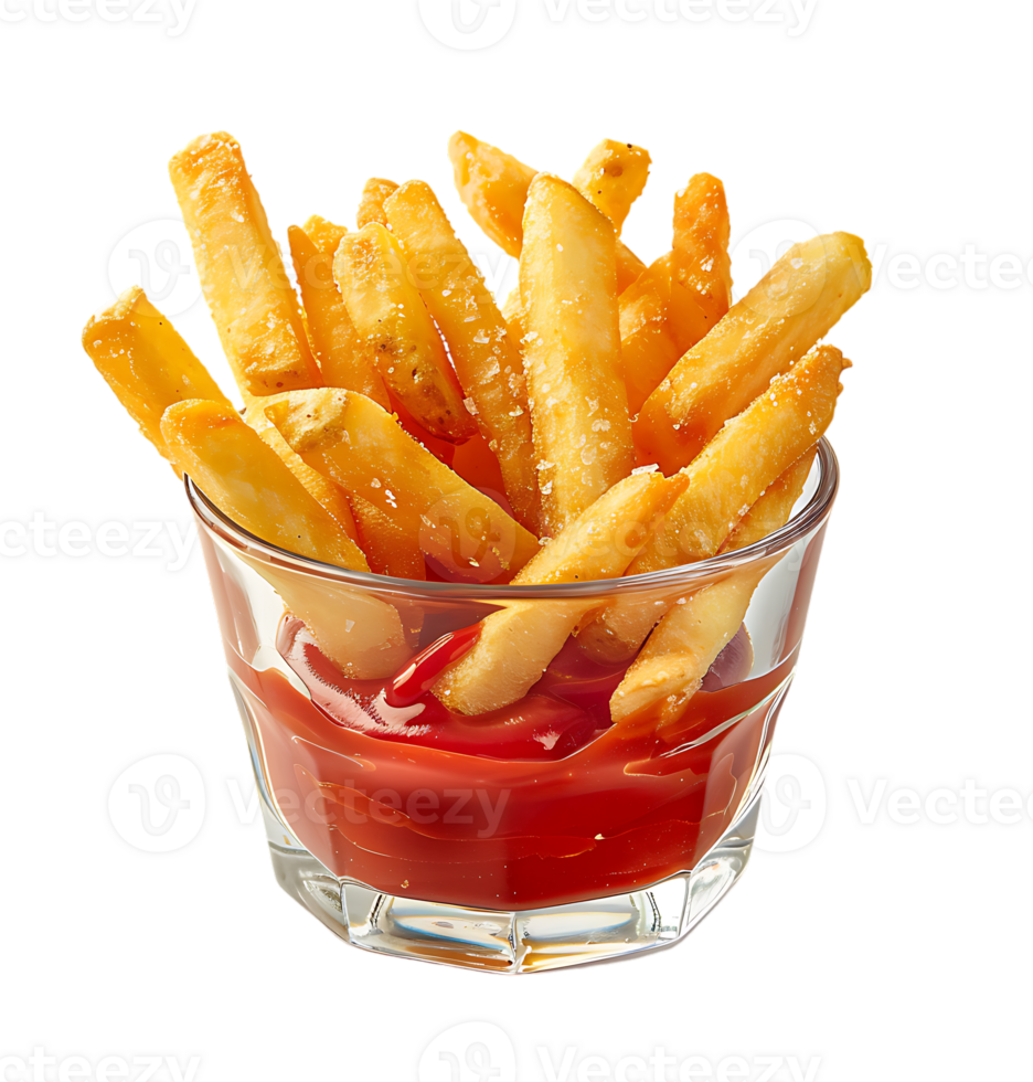 A glass of french fries and ketchup with a cup of ketchup .on isolated transparent background png