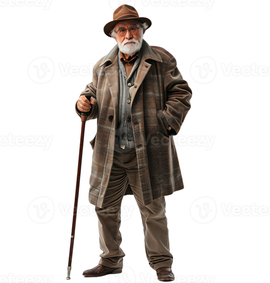 An old man with a cane and a hat on it on isolated transparent background png