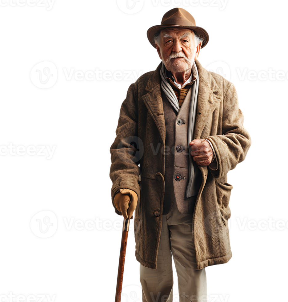 An old man with a cane and a hat on it on isolated transparent background png
