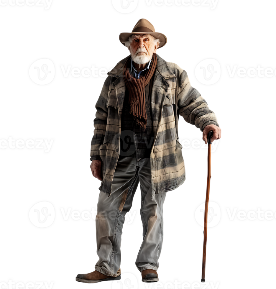 An old man with a cane and a hat on it on isolated transparent background png