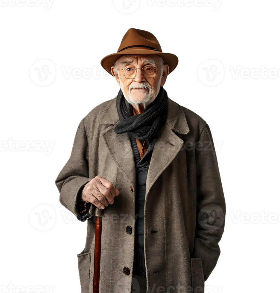 An old man with a cane and a hat on it on isolated transparent background png
