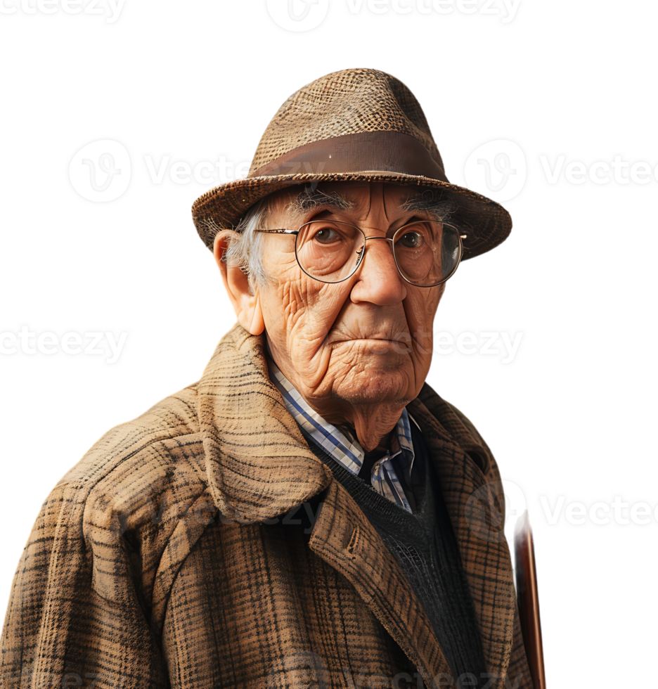 An old man with a cane and a hat on it on isolated transparent background png