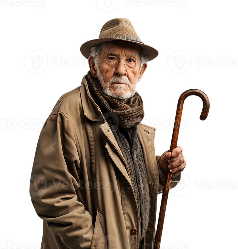 An old man with a cane and a hat on it on isolated transparent background png