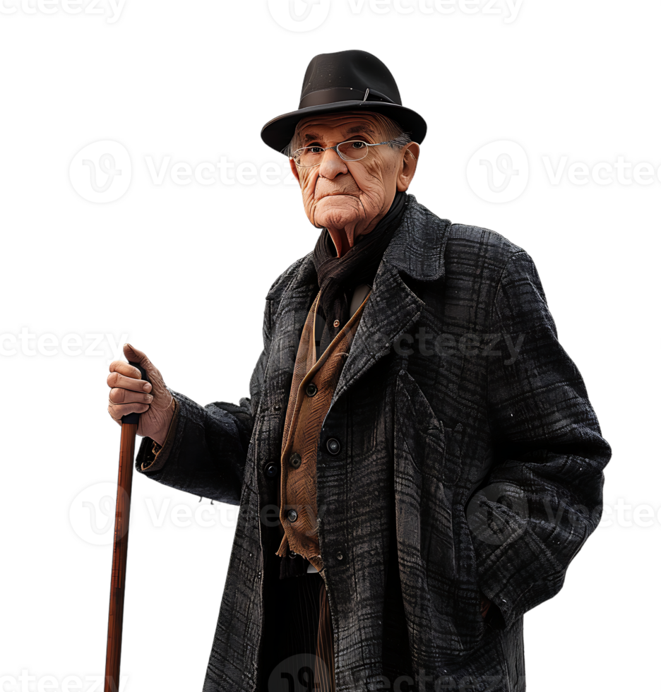An old man with a cane and a hat on it on isolated transparent background png